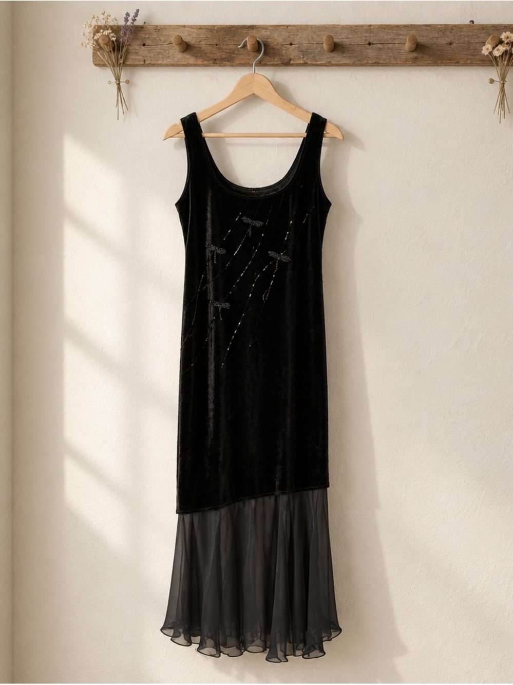 Joseph Ribkoff Black Velvet Maxi Dress with Sheer Ruffle Hem